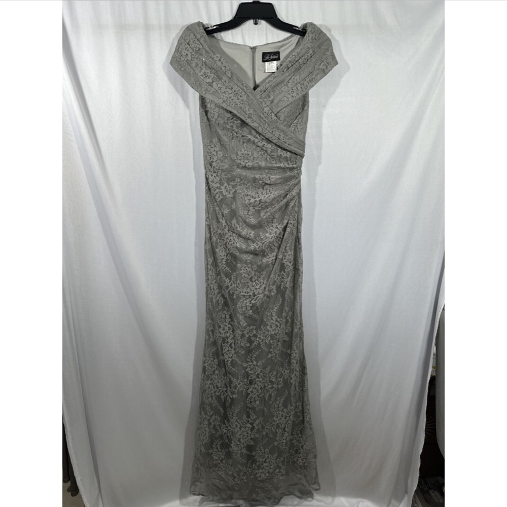 NEW $469 La Femme [ size 2 ] Portrait Neck Sparkle Lace Gown in Platinum‎ - Picture 6 of 13